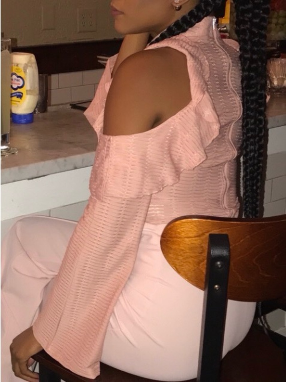 Women's Blush Pink Ruffle Cold-Shoulder Sweater